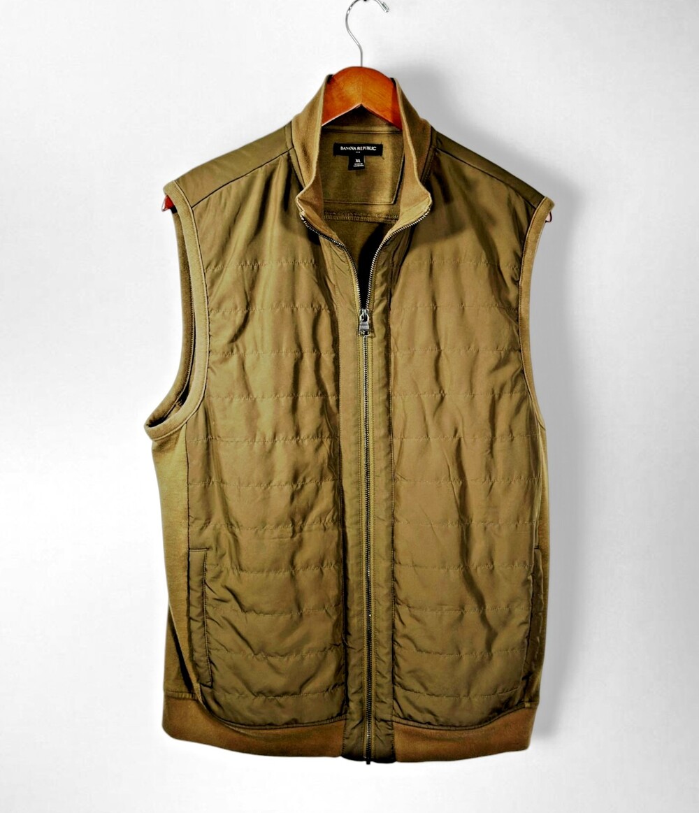 Banana Republic Men XL Olive Green Quilted Full Zip Hybrid Vest